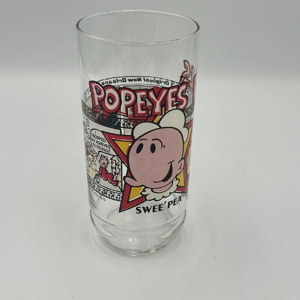 Popeyes Famous Fried Chicken Glass 1979 Swee'Pea Vintage Promotional Tumbler 6in